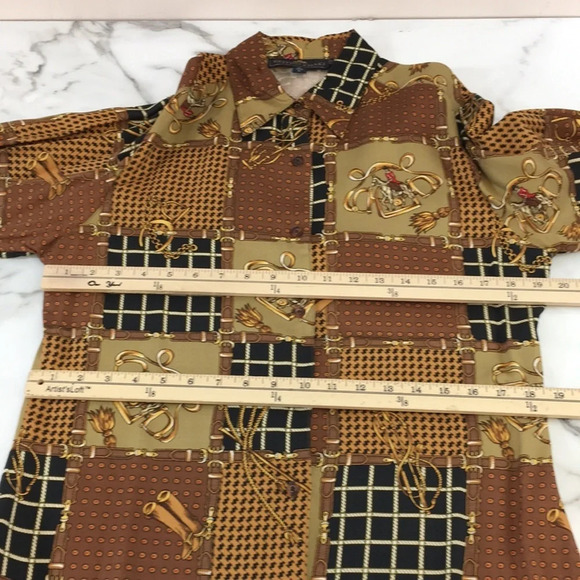 British Khaki Shirt Womens 10 Tan Brown Patchwork‎ Print Button Up Equestrian - Picture 10 of 13